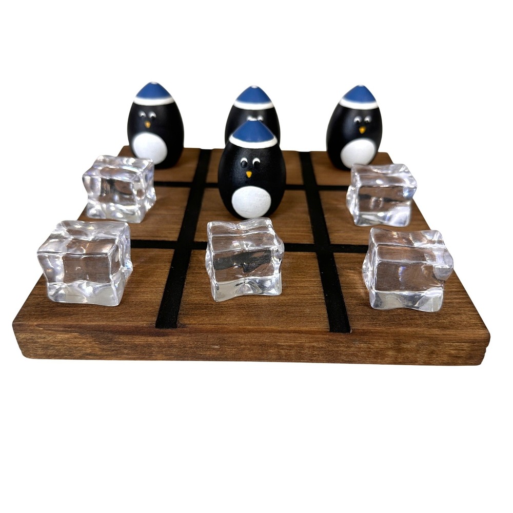 Penguin Ice Cube Tic Tac Toe Wooden Board Game Handmade Winter Coffee Table